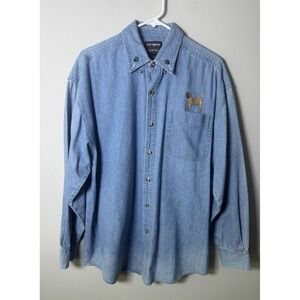 Vintage Outrageous Denim Embroidered Pug Dog Button Down Shirt Size Large Cotton
